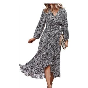 Pretty garden Women's Long Sleeve Wrap Dress Floral Print V-Neck Maxi Size med